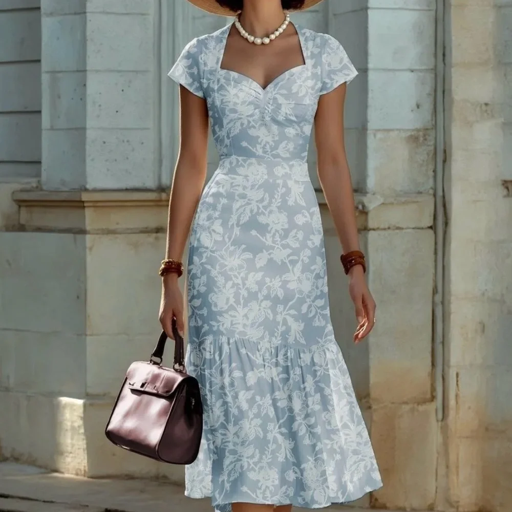 Chic Light Blue Floral Midi Dress #110